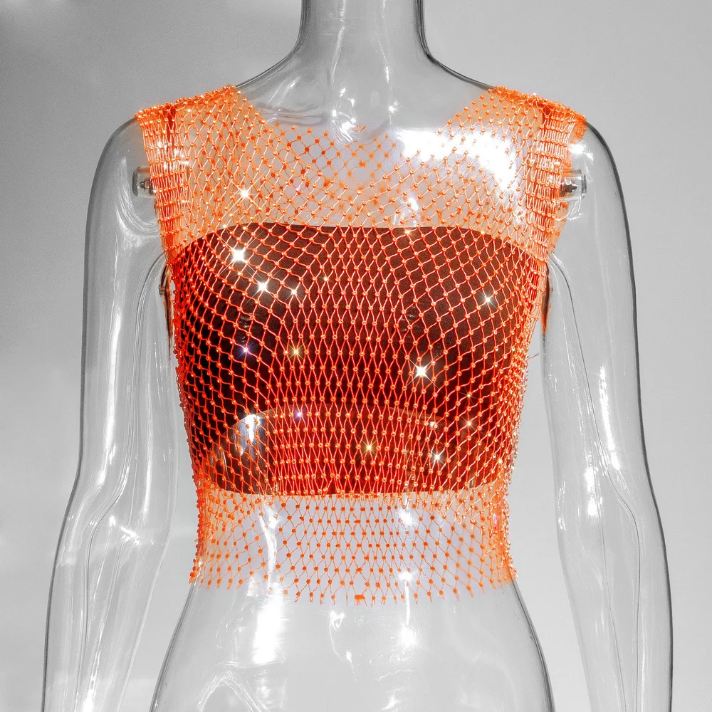 Uveng Uveng Nightclub Dresses Fishnet Hollow Out Rhinestone Vest Mesh Flash Diamond Sling Top Female