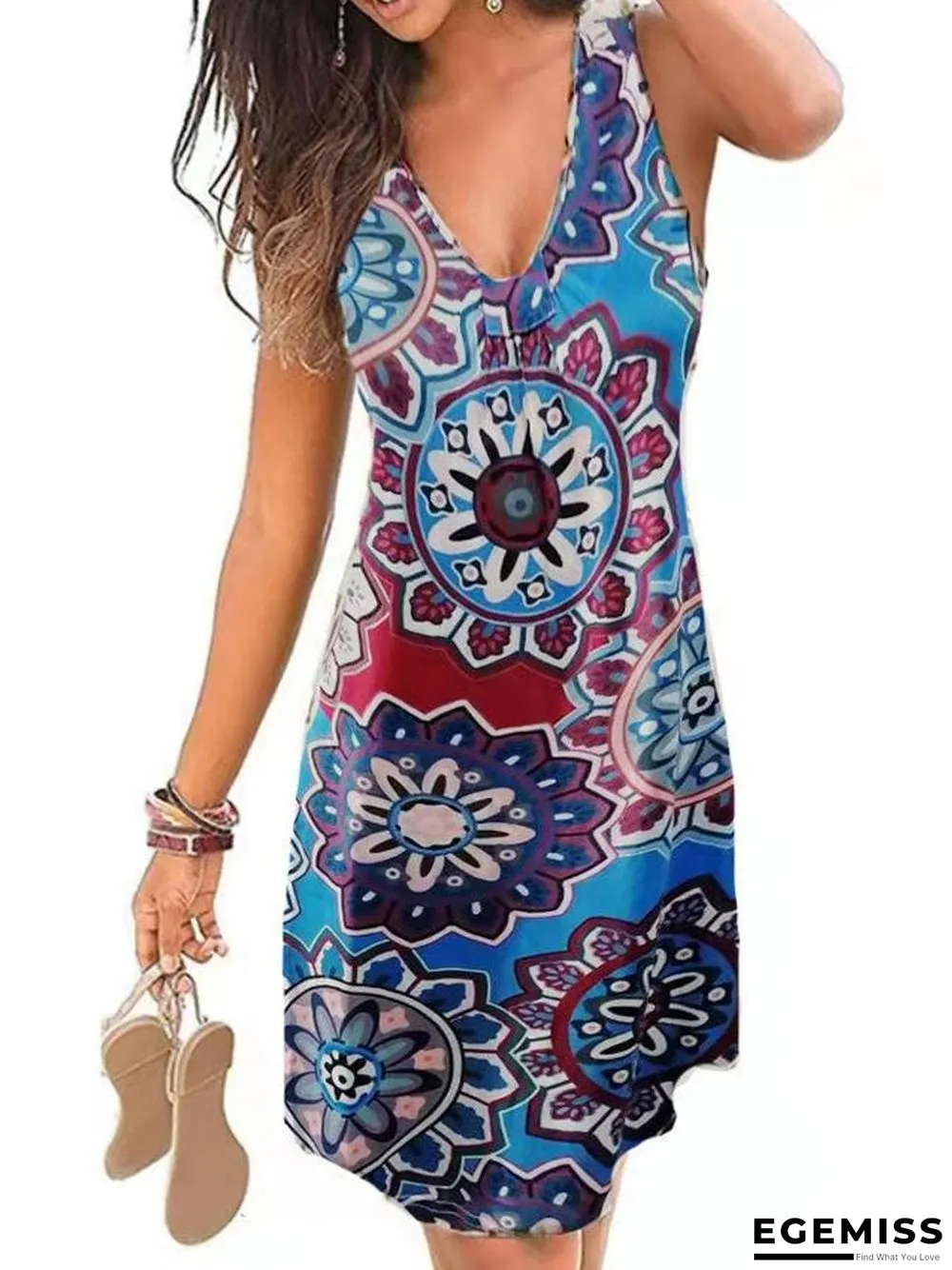 Spring and Summer Ethnic New Women's Sexy V-neck Print Dress | EGEMISS