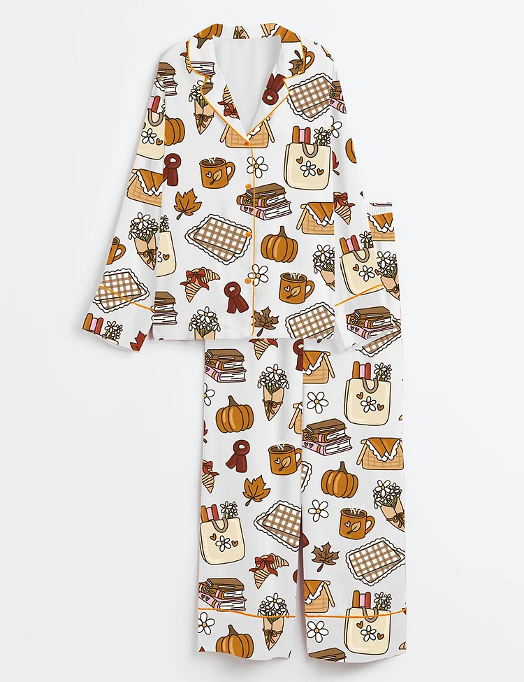 Women&rsquo;s Retro Fall And Halloween Pumpkin Cozy Fall Picnic Reading Books And Coffee Print Long Sleeve Satin Pajama Set