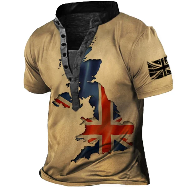Men's Outdoor Vintage British Flag Map Print Henley T-Shirt