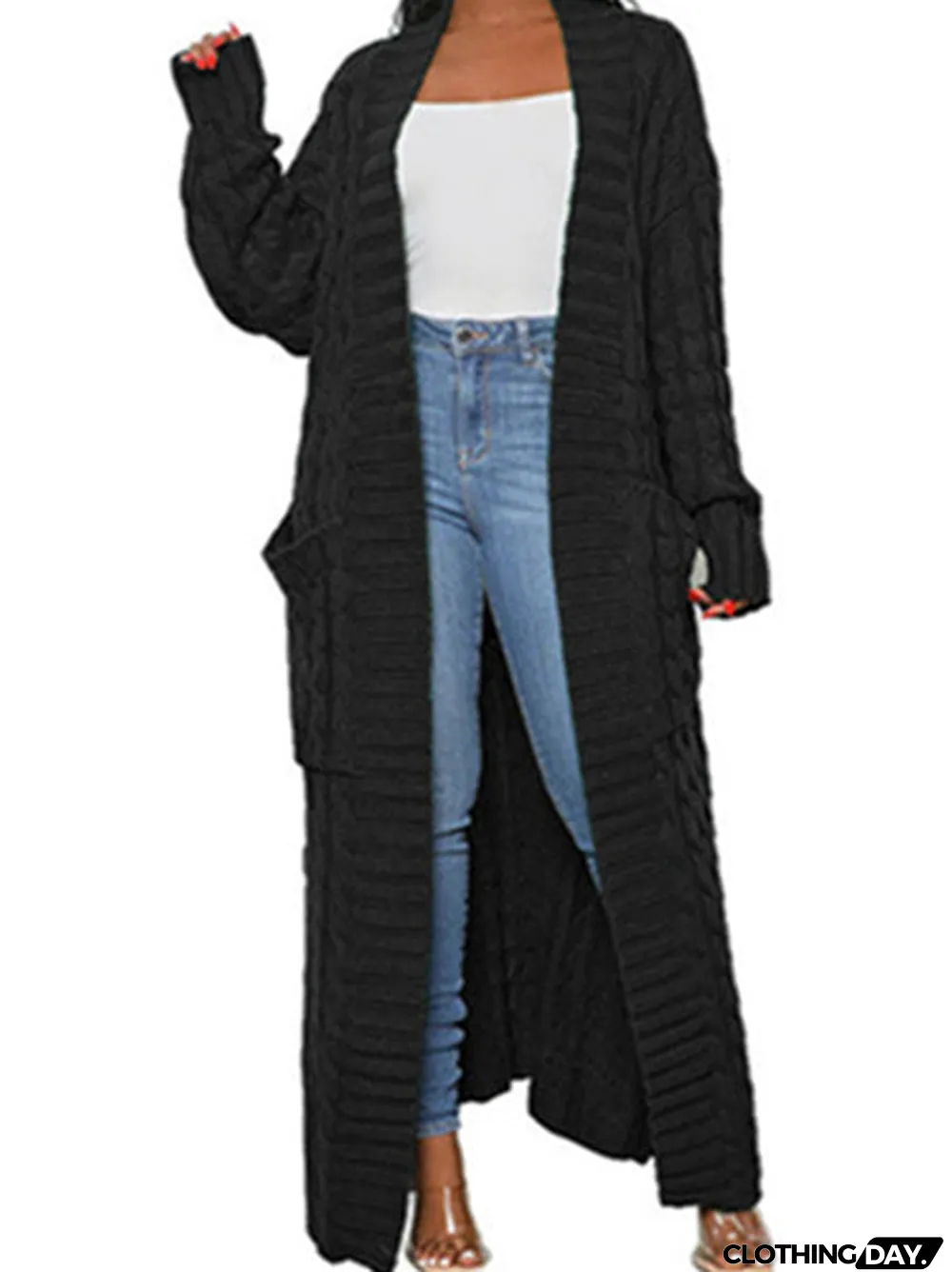 Women's V-neck Stitching Long Sweater Cardigan Jacket Long-length Coat