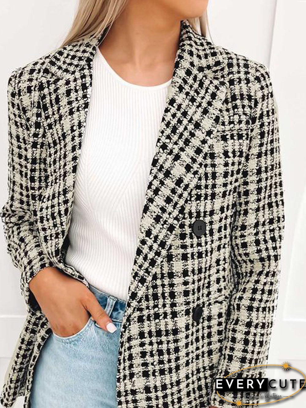 Women Casual Plaid Autumn Natural No Elasticity Daily Long sleeve Regular Regular Blazer