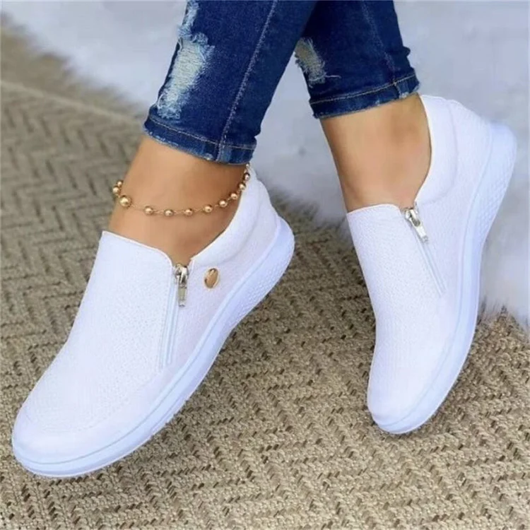 New Solid Zipper Decorative Shallow Mouth Slip On Flat Shoes shopify Stunahome.com