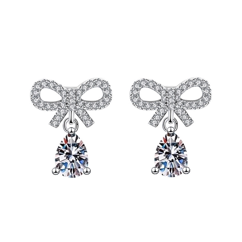 1 Pair Sweet Minimalist Round Heart Shape Bow Knot Plating Inlay Copper Zircon Silver Plated Drop Earrings