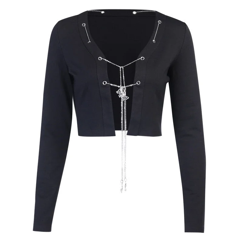 InsGoth Streetwear Lace Up Black Short Top Women Gothic Long Sleeve Chain Bandage Crop Tops Autumn Slim Fit Gothic Harajuku Top