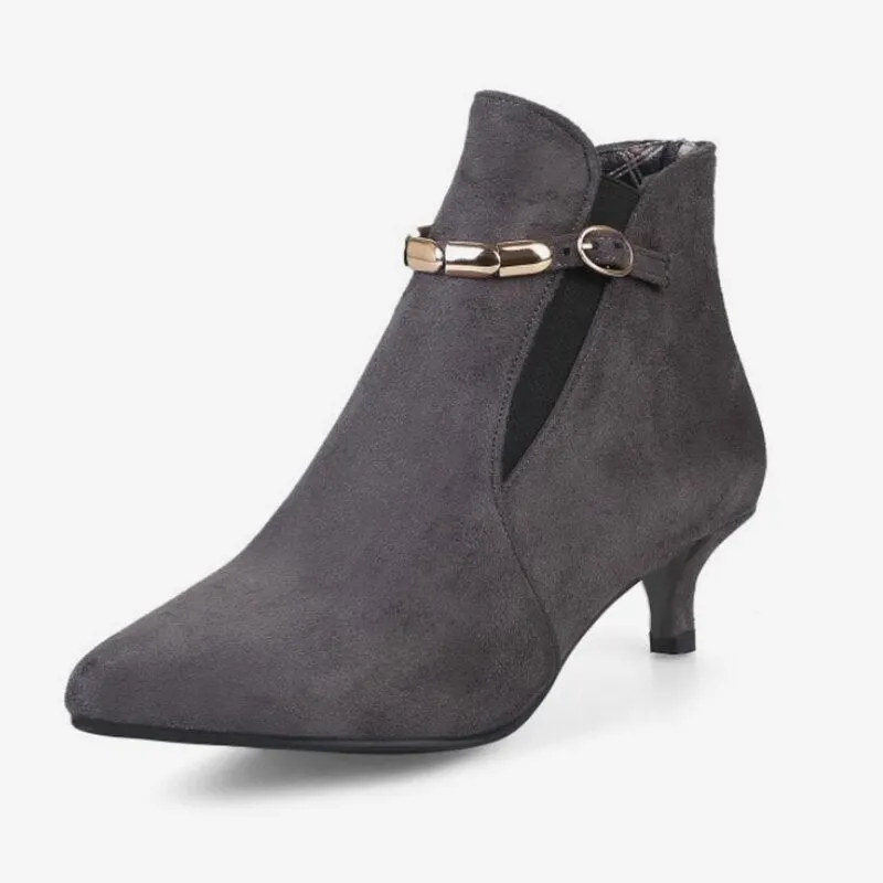 Women Ankle Boots Buckle Strap Plus Size Ladies Thin High Heels Female Flock Metal Elastic Band Autumn Winter Warm Classic Shoes