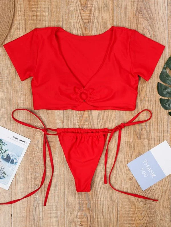 Solid Color Sexy Bandage Short Sleeve Split Tankini Swimsuit