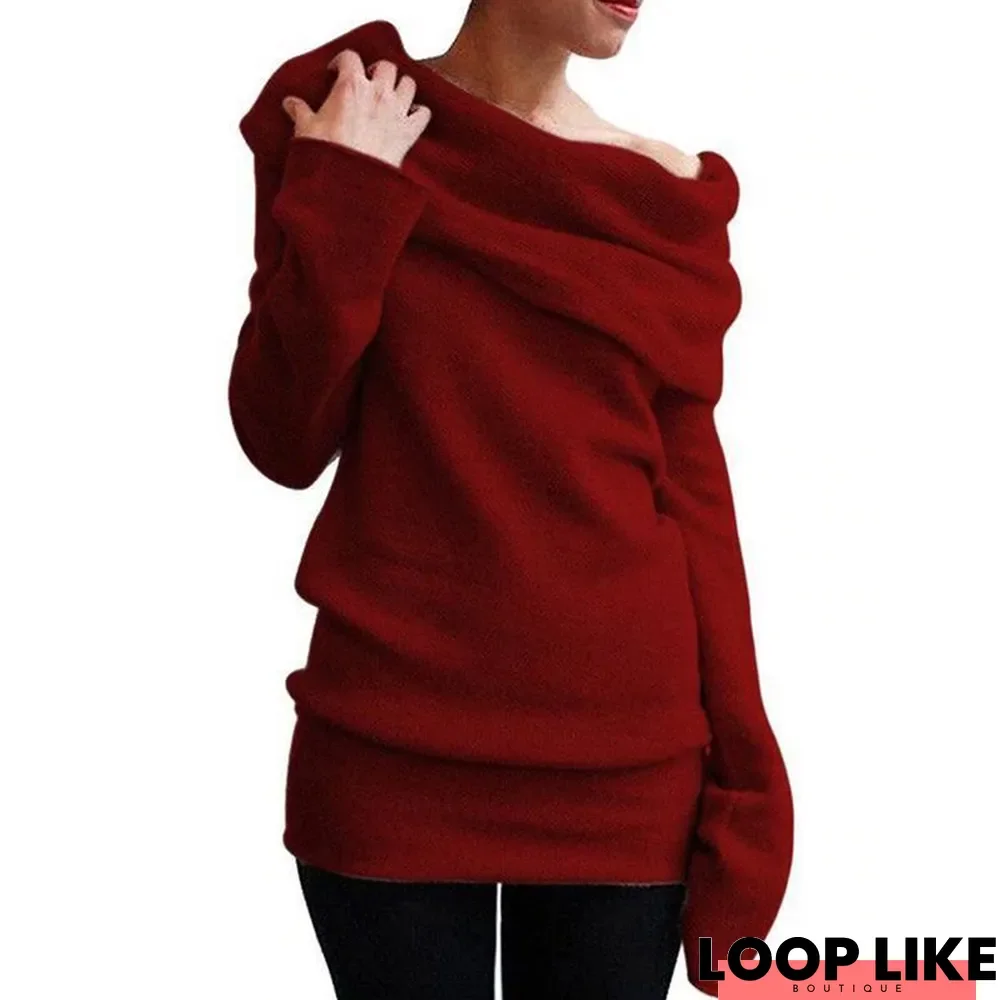 Casual Cowl Neck Knitted Long Sleeve Solid Sweater