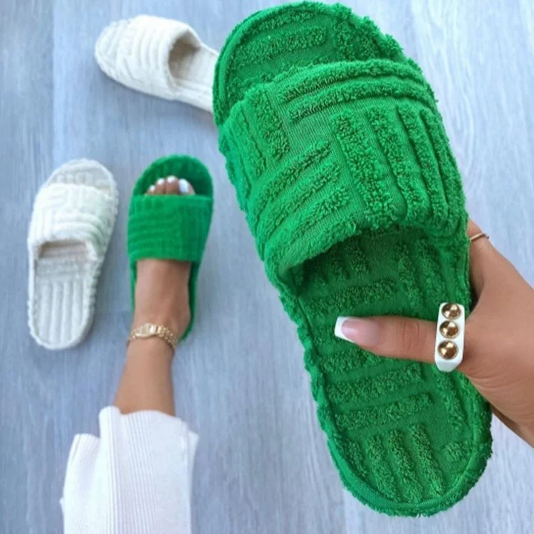 Luxury Brand Peep Toe Thick Sole Women Slippers Green Corduroy Flat Outwear Ladies Slides Summer Autumn Runway Flip Flops Women