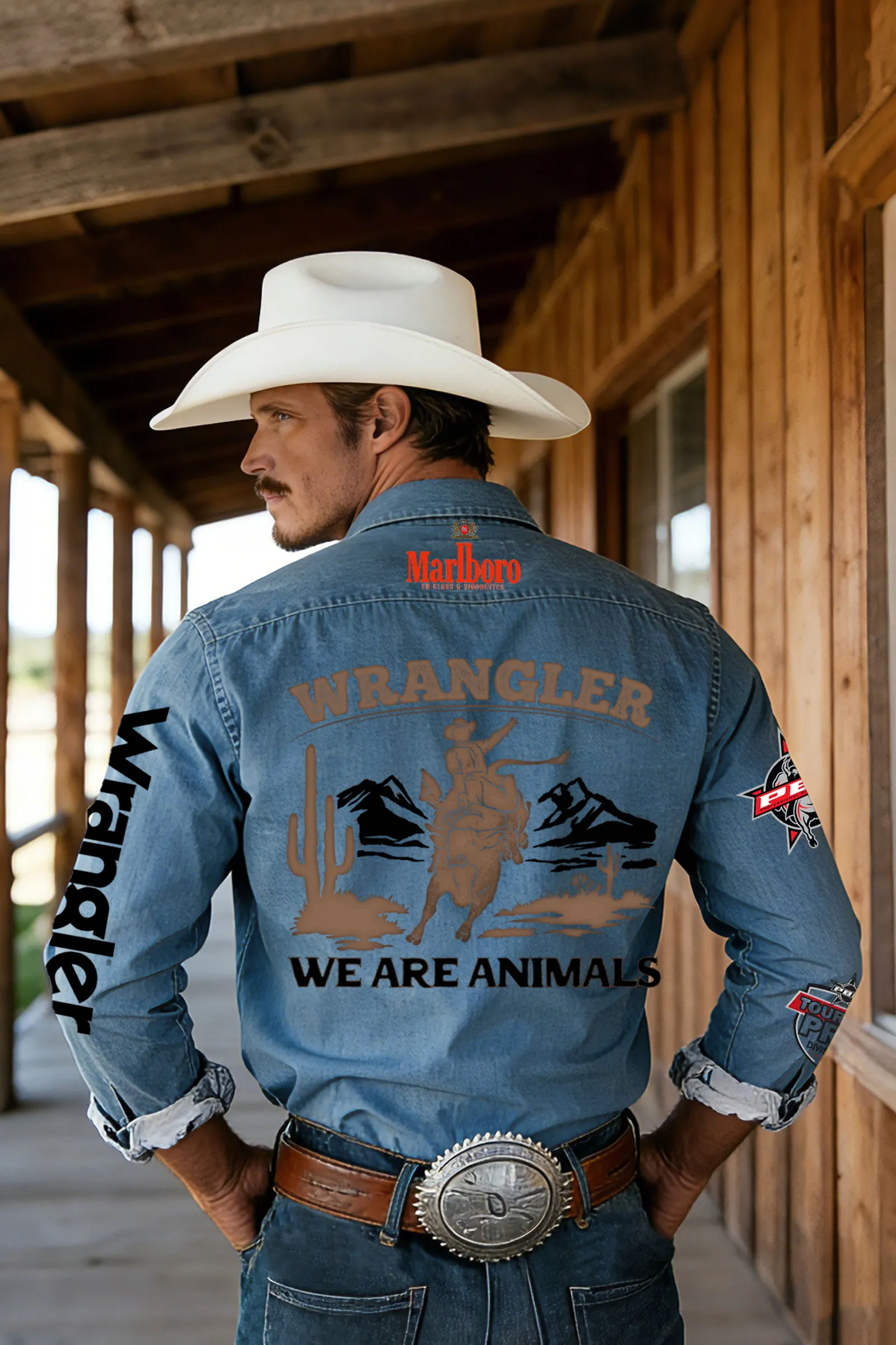 Western Riding Shirt With Bold Graphic Design And Brand Logos