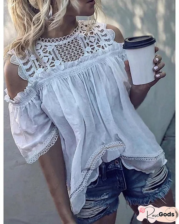 Women's T-Shirt Solid Colored Lace Ruffle Round Neck Tops Basic Top White Orange Brown-0207829