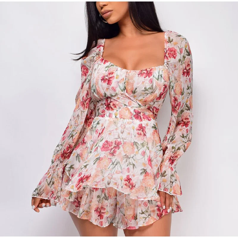 Summer Women Long Sleeve Lace Up Ruffles Floral Print Rompers Jumpsuits 