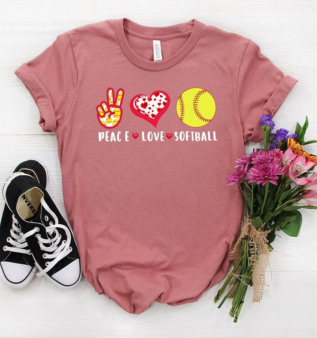 Women And Man Peace Love Softball T-Shirt Inspirational Tee Shirt Lover Player Gift Top