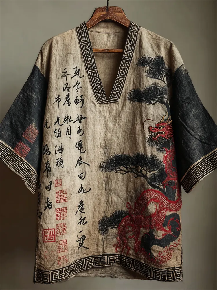 Men's Japanese Dragon & Pine Trees Calligraphy Linen Shirt  artssus