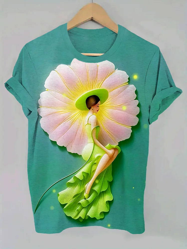 Women's Floral Elegant Relief Art Print Casual T-Shirt