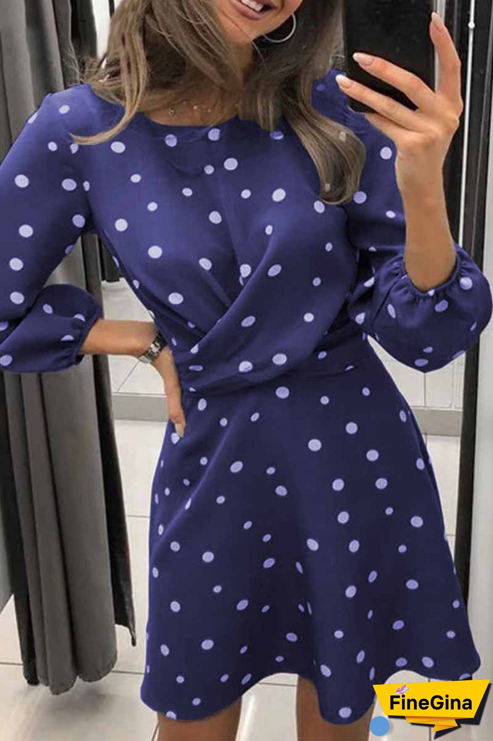 Loose Round Neck Long Sleeve Polka Dot Mini Dress
