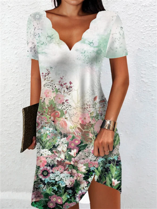 Women Short Sleeve V-neck Floral Printed Midi Dress