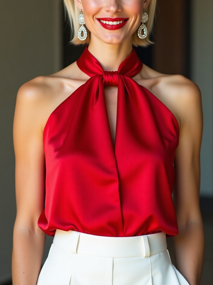 Bowknot Halterneck Sleeveless Solid Color Stain Top