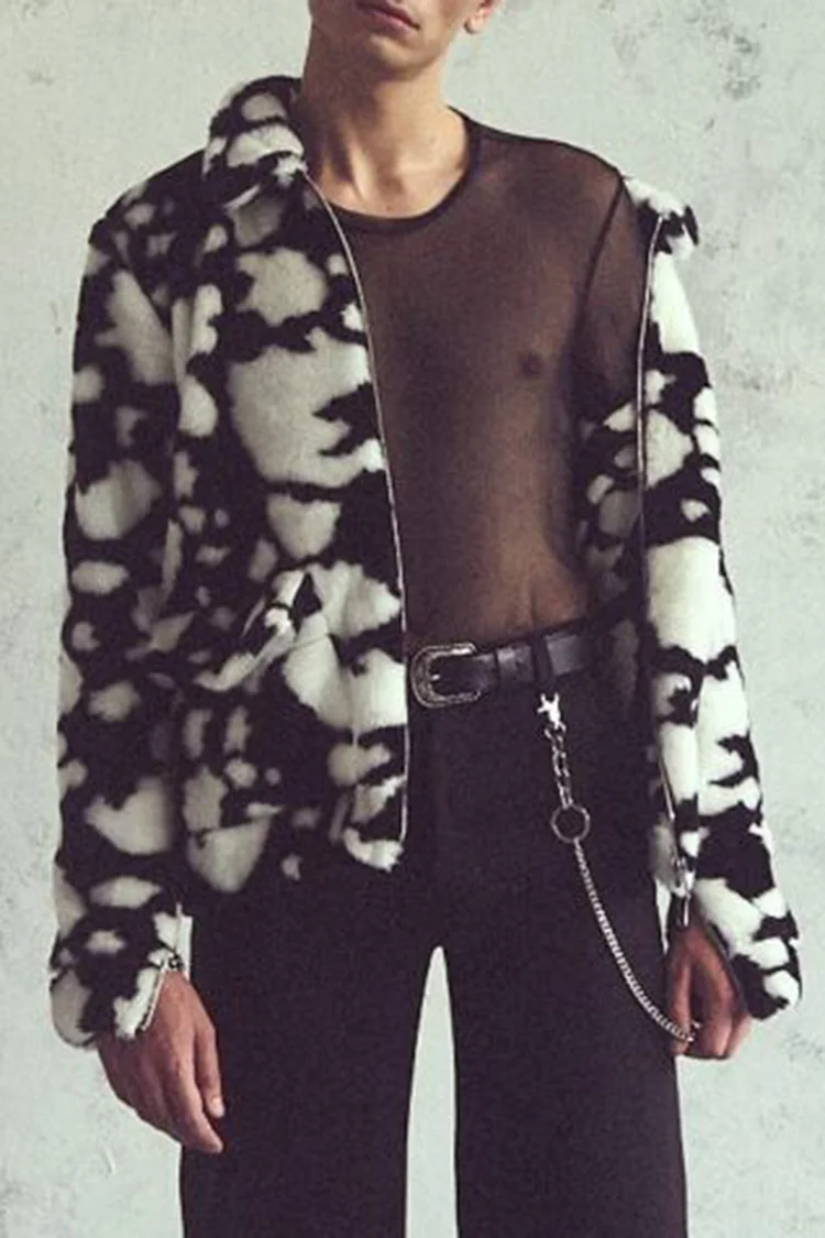 Cow Print Zipper Turndown Collar Faux Fur Coat [Pre-Order]