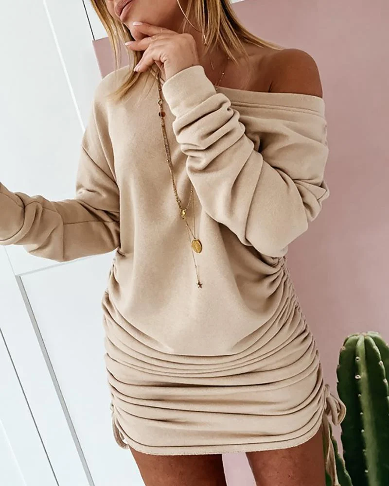 Long Sleeve Ruched Drawstring Bodycon Dress