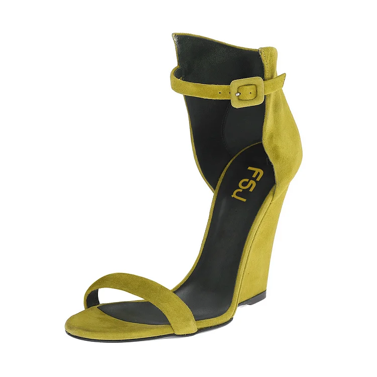 Women's Green Ankle Strap Wedge Sandals |FSJ Shoes