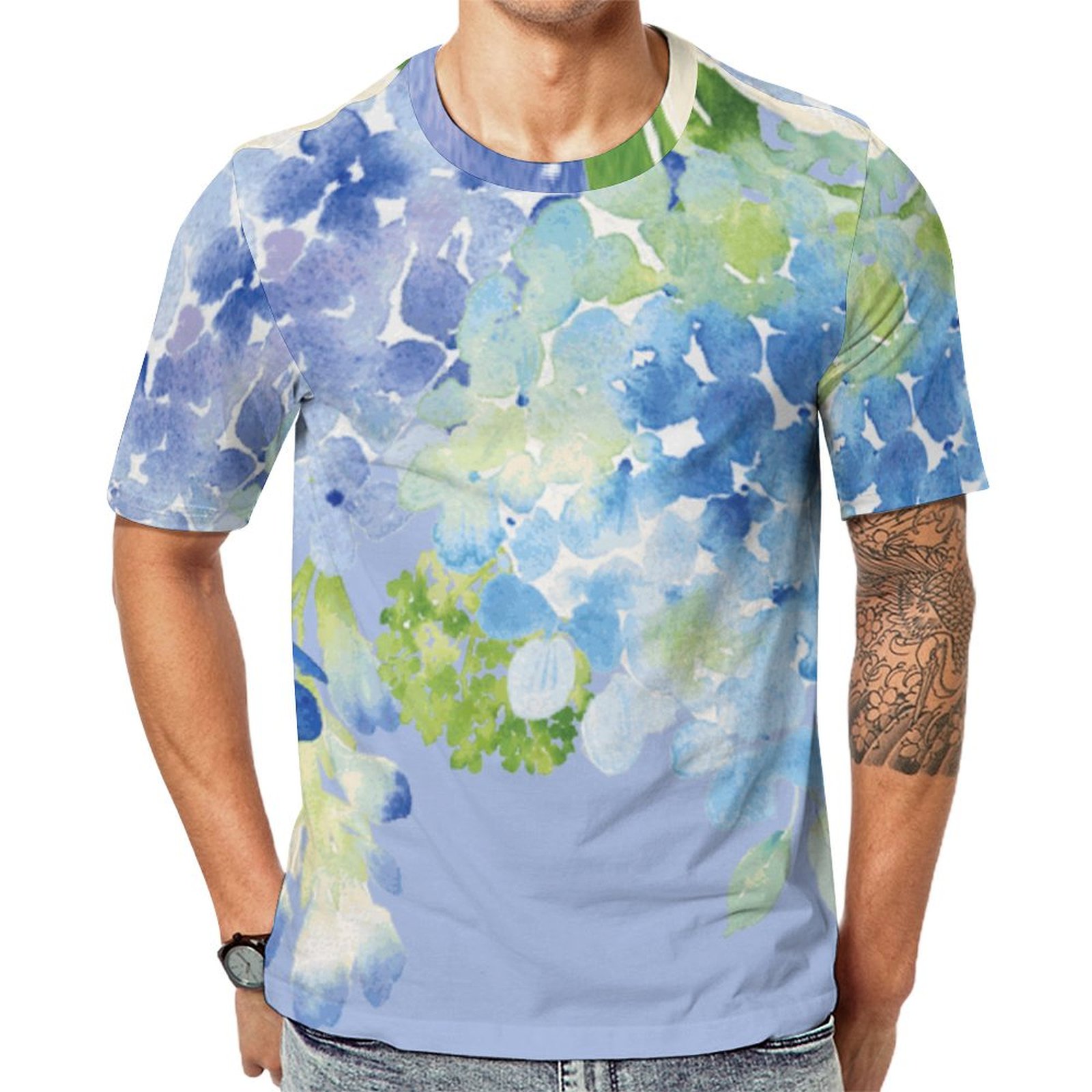 Watercolor Blue Hydrangea Flower Short Sleeve Print Unisex Tshirt Summer Casual Tees for Men and Women Coolcoshirts