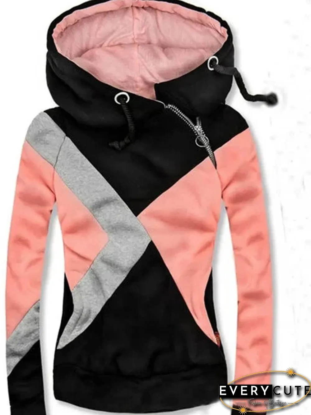 Pink Long Sleeve Cotton-Blend Patchwork Color-Block Sweatshirts