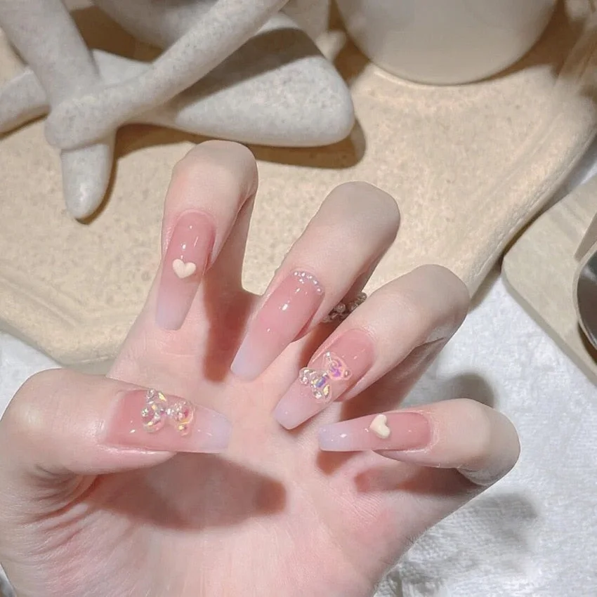 24Pcs Pearl Jelly Fake Nails Cute 3D Crystal Bear Press on Nails Bling Glossy Gradient Pink False Nail Love Dating Finger Tips