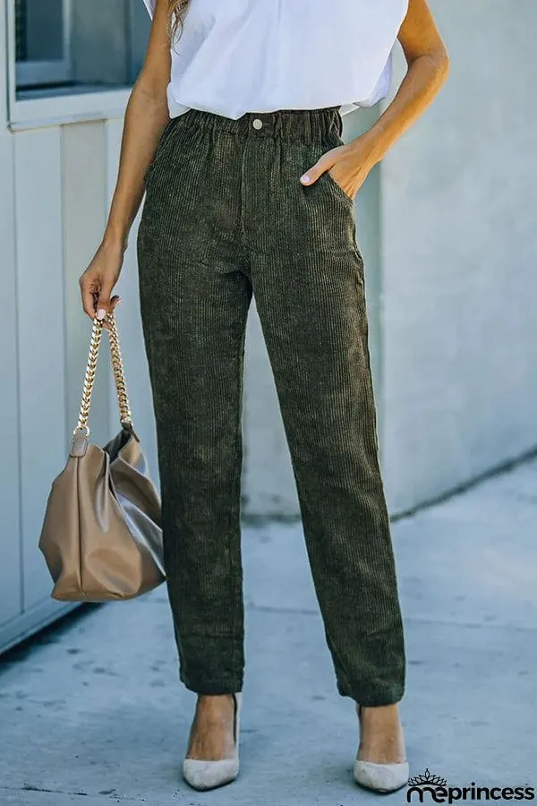 Pocketed Elastic Waistband Corduroy Pants