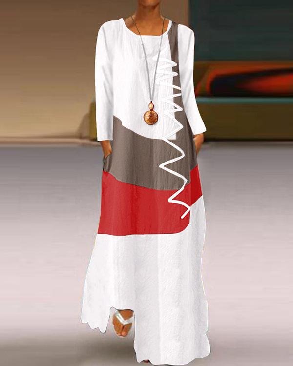 Color-block Graffiti Printed Casual Long Sleeve Maxi Dress