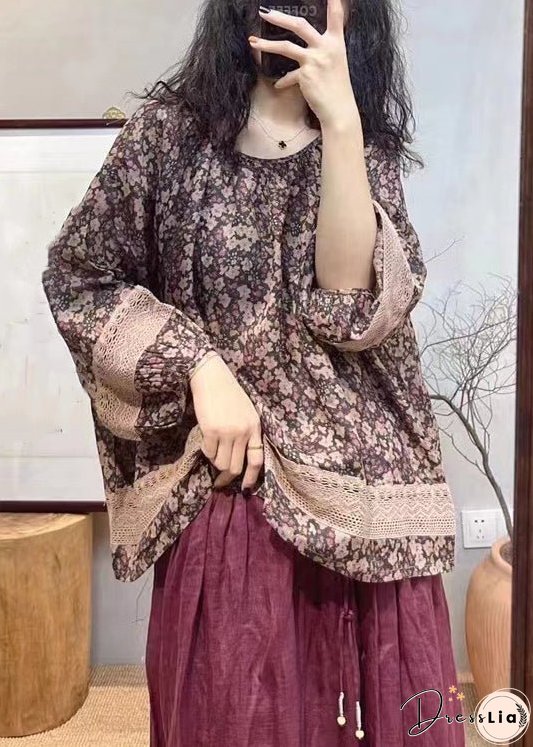 Loose Red Print Hollow Out Cotton Tops Long Sleeve