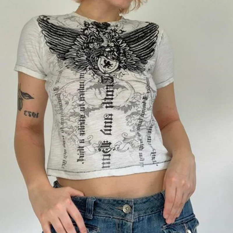 Vintage Graphic Printed Top Short Sleeve Y2k O-Neck Slim Basic Hip Hop Gothic Crop Tops Women Summer Tee Short Shirts
