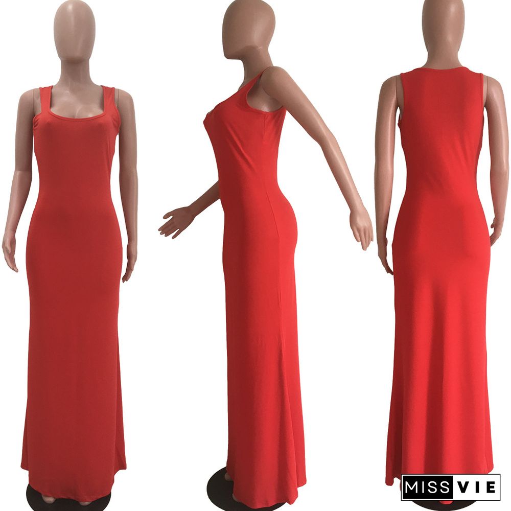 Fashion Solid Big Hem Strap Maxi Bodycon Dress