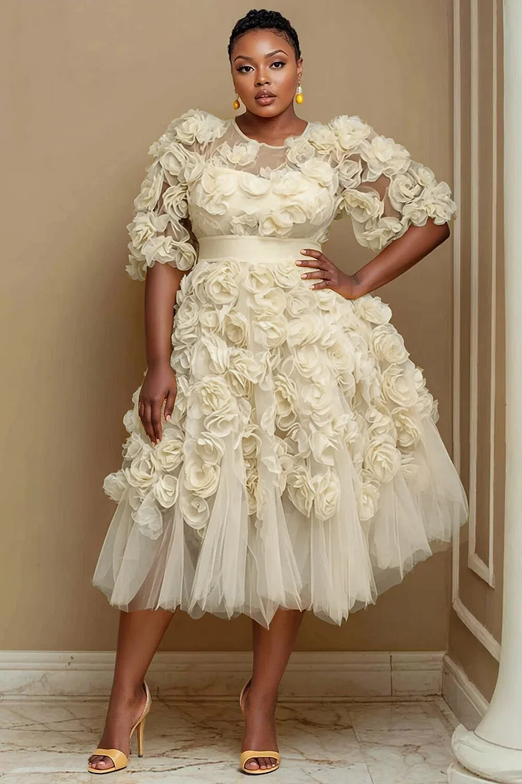 Xpluswear Design Plus Size Wedding Guest Yellow Round Neck Short Sleeve 3D See Through Tulle Midi Dresses 2024 - Xpluswear