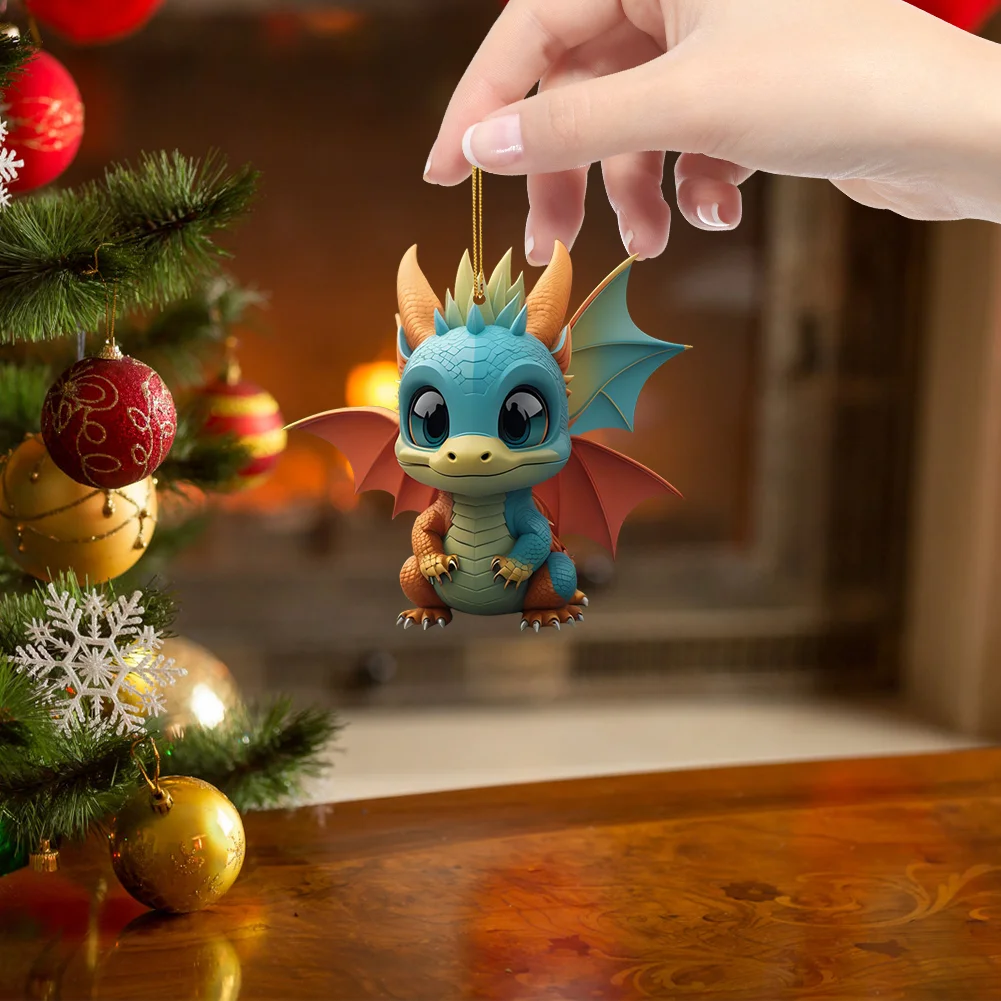 2D Christmas Baby Dragon Decor Cute 8cm Flat Acrylic Hanging Ornament Party Gift