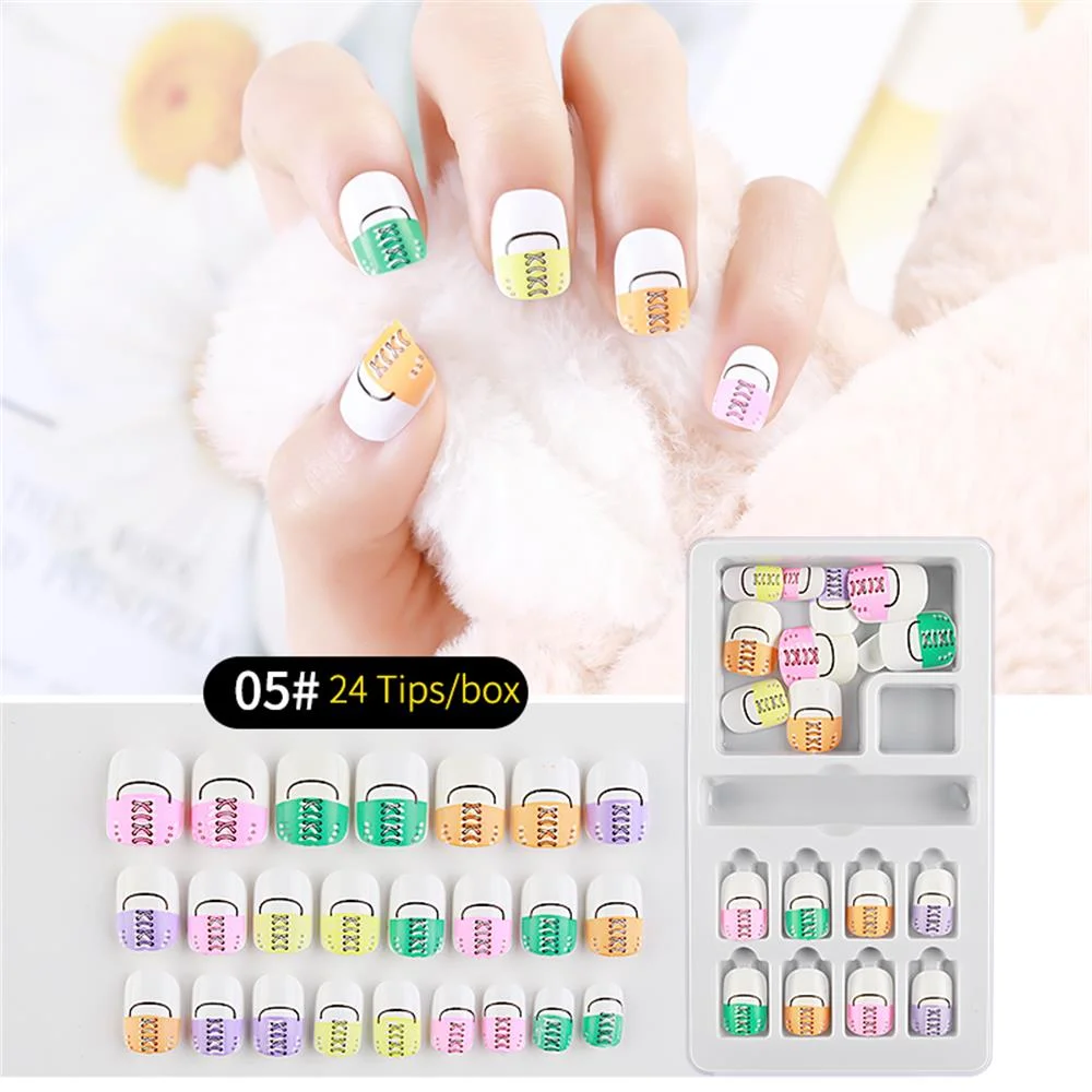 24Pcs/Set Press on Children Candy False Nail Tips Cartoon Full Cover Kid Pink Fake Nail Art for Little Girls Manicure Tool-Nail Inspo
