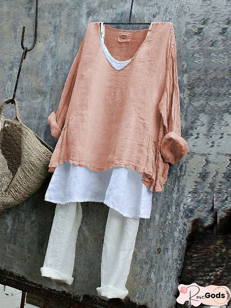 Women Plus Size V Neck Long Sleeve Blouse