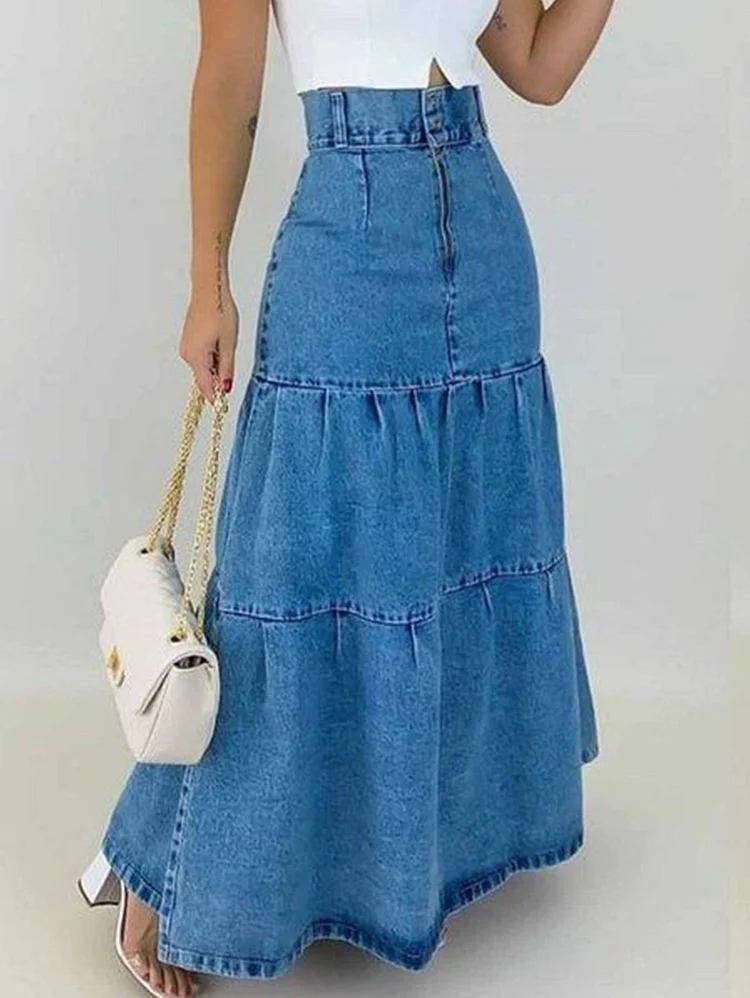 Casual High Waist Pleated Tiered Quilt Denim Maxi Skirt
