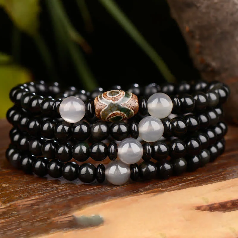 Black Obsidian Dzi Bead Tiger Eye Agate Healing 108 Beads Mala Bracelet