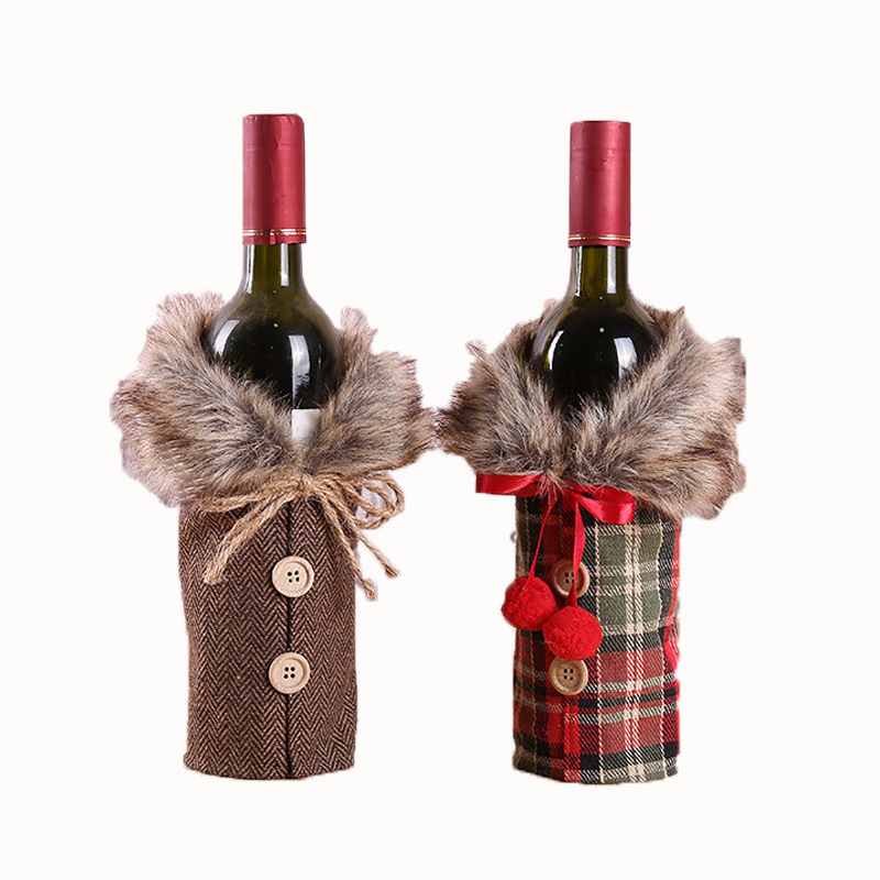 Christmas Wine Cover Decorations with Burlap Bow Tie & Fur Collar
