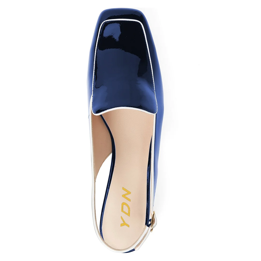 Blue Patent Leather Square Toe Slingback Loafers with Chunky Heels