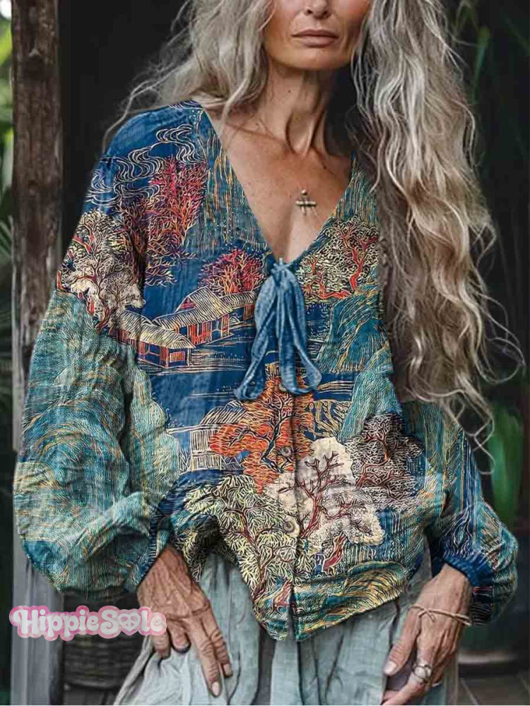 Women’s Lace-Up Printed Casual Long Sleeve Comfortable Cotton Shirt Multicolor / S