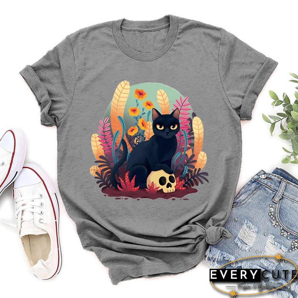 Cute Cat Print T-shrits For Women Summer Short Sleeve Round Neck Cute Loose T-shirt Creative Personalized Ladies Tops