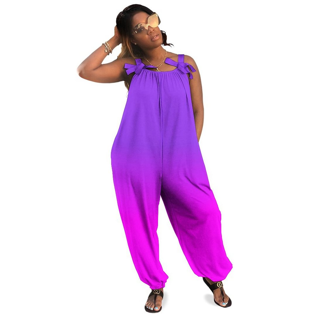Neon Purple And Hot Pink Ombre Shade Color Fade Boho Vintage Loose Overall Corset Jumpsuit Without Top