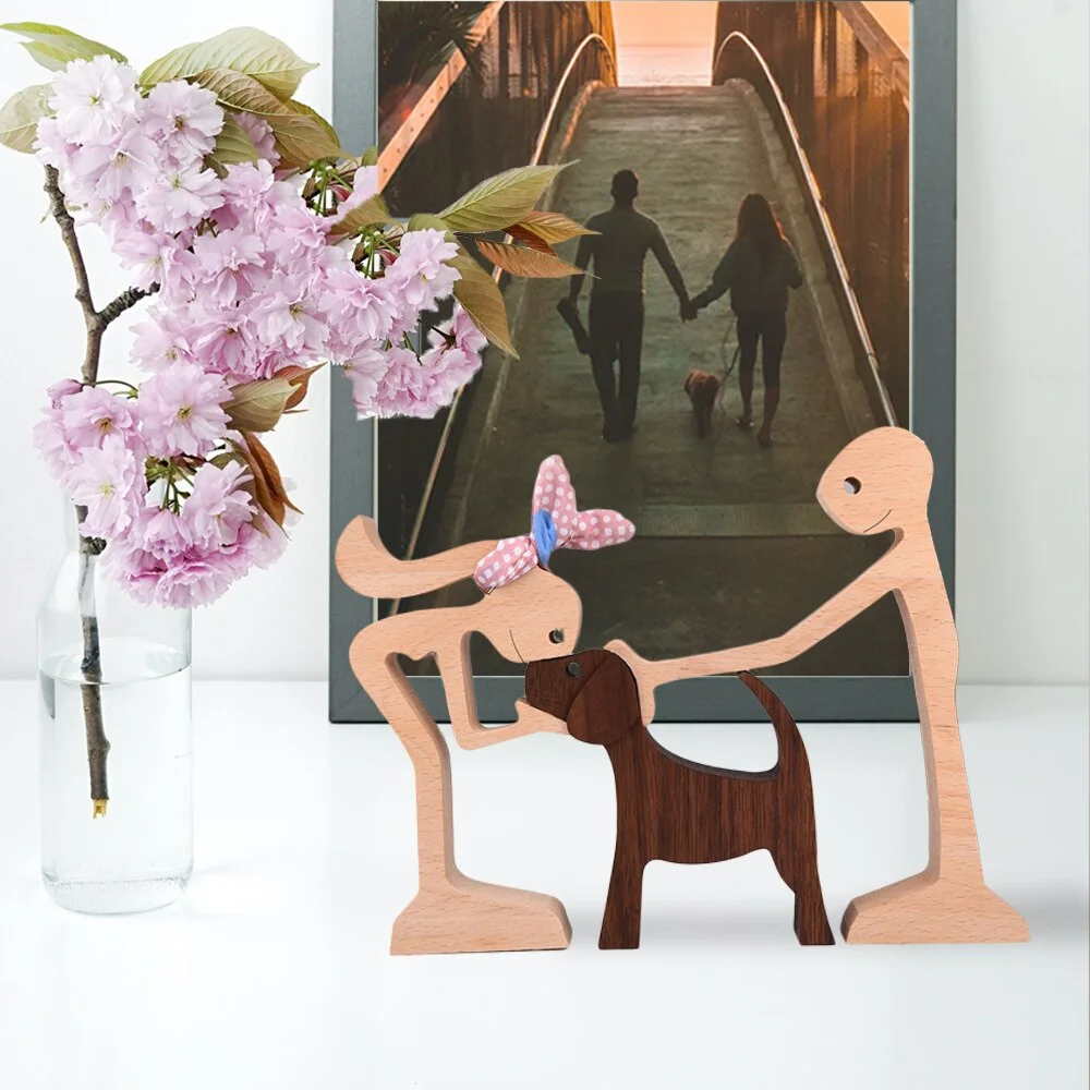 Wooden Animal Statue For Home Decor Handmade Couple And Dog Sculptures