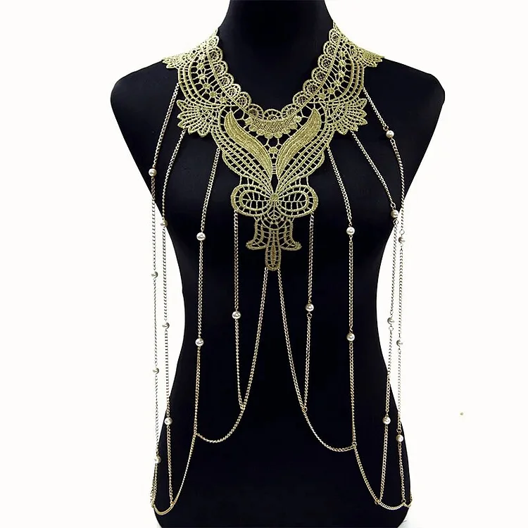 Lace Flower Body Chain Necklace Women Flower Collar Hollow Out Gothic Multilayer Chain Statement Jewelry Cosplay Accessories Emo