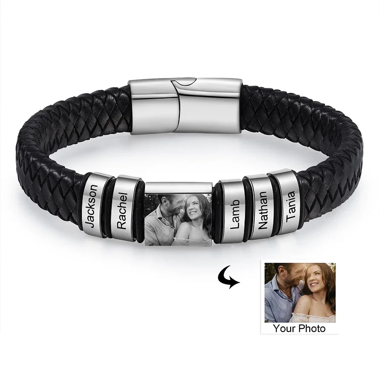 5 Names - Personalized Men's Leather Bracelet Custom Photo Braided Bracelet Gift for Him
