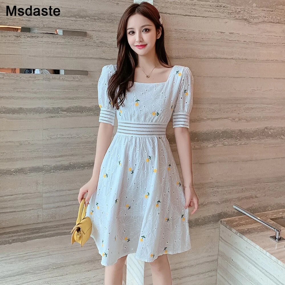 Women Dresses 2020 New Summer Wear Flower Embroidery White Color Young Lady Elegant Dress Short Sleeve Cotton Female Dresses