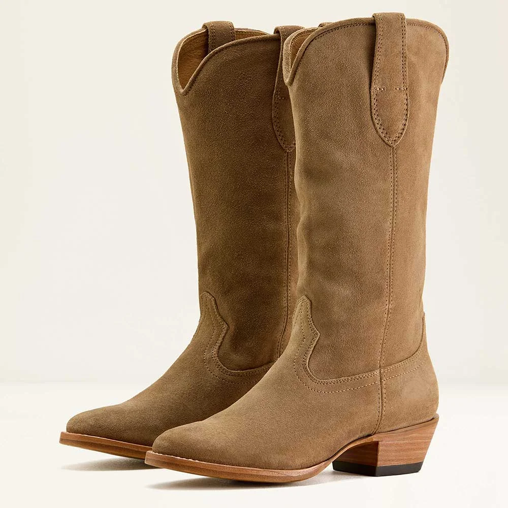 Women's Closed Toe Slip On Low Heel Tan Cowgirl Boots with Mid Calf