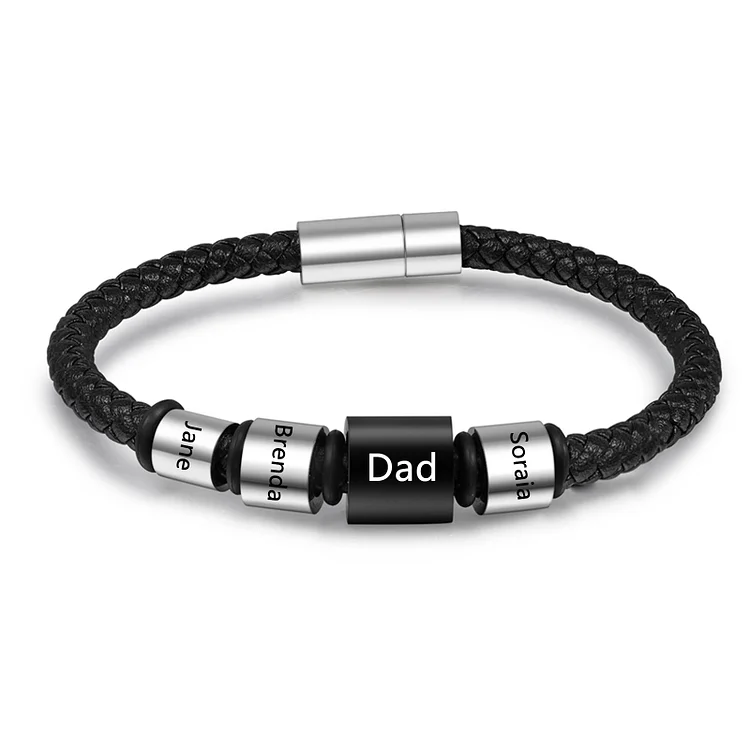 Personalisiertes Herren 4 Namen Schwarz Leder Armband mit Edelstahl Perle